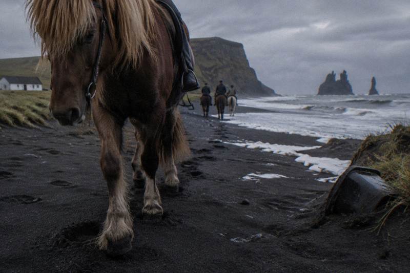 Tight on hooves sinking into jet-black volcanic sand at Vík, Iceland, an Icelandic horse walking the shoreline under a moody overcast afternoon, sea spray, drifting foam, a scuffed plastic bucket half buried near the dunes.